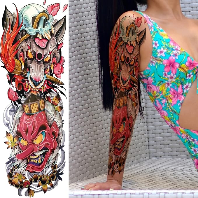 Ghost Joker Temporary Tattoo Sleeves for Kid Women, 4-Sheet Full Arm Colorful Japanese Drama Fake Sleeve Tattoo Sticker and 4-Sheet Realistic Large Half Temp Tatoo Boy Girl Party Favors Leg Body Art