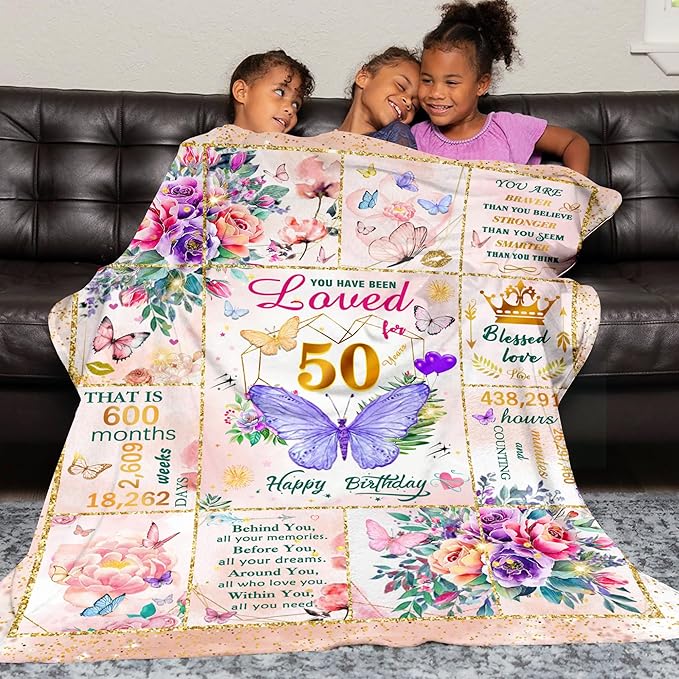 50th Birthday Gifts for Her Women, 50 Year Old Gifts for Women, Soft Purple Butterfly Flower Blanket for Anniversary Christmas, 50th Birthday Decorations for Woman, Warm Plush Fuzzy Blanket 80"X60"