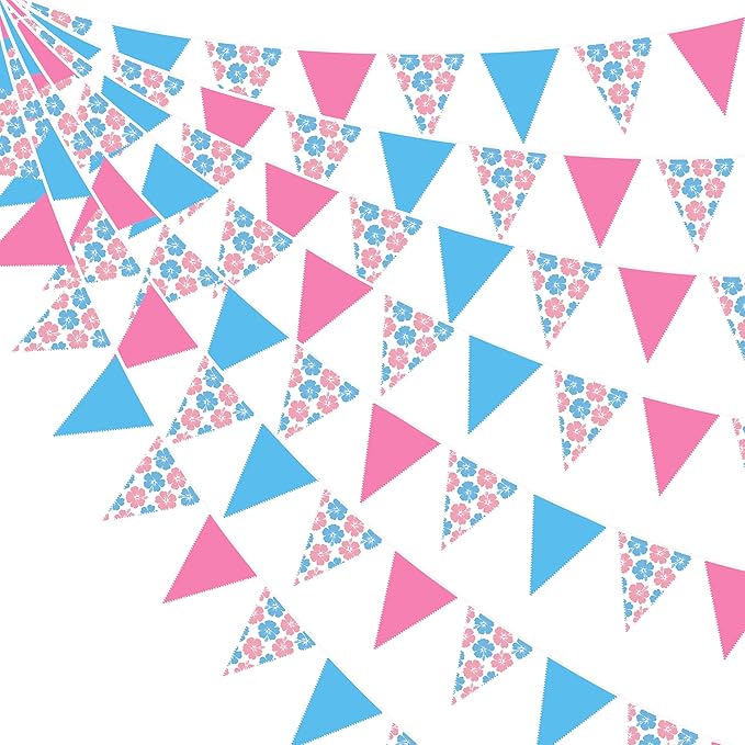 32Ft Cartoon Birthday Party Decorations Pink Blue Hawaiian Hibiscus Flower Triangle Flag Pennant Banner Fabric Garland Streamer for Luau Hawaii Tropical Ohana Baby Shower Gender Reveal Summer Decor