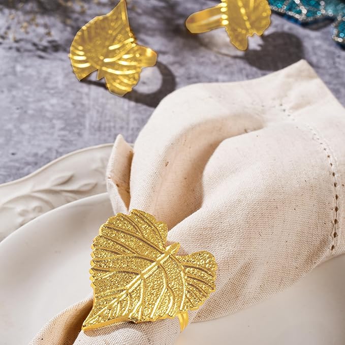 Elegant Handcrafted Leaf Napkin Rings - Set of 12 Premium Aluminum Holders for Dinner Parties, Weddings, Special Occasions & Everyday Dining (Gold) - CLEENTABLE