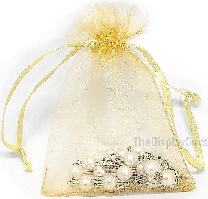 TheDisplayGuys 48-Pack 3x4 Gold Sheer Organza Gift Bags with Drawstring, Jewelry Candy Treat Wedding Party Favors Mesh Pouch