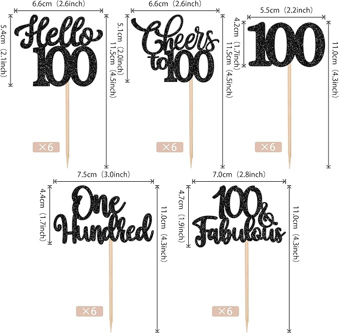 30PCS Happy 100th Birthday Cupcake Toppers One Hundred Cheers to 100 Years Birthday Cupcake Picks Hello 100 Fabulous Cake Decorations for Happy 100th Birthday Anniversary Party Supplies Black