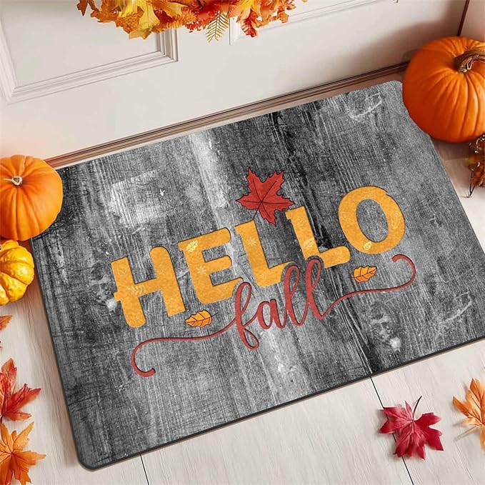 Hello Fall Door Mat Fall Maple Leaves Welcome Doormat, Seasonal Harvest Thanksgiving Vintage Rustic Low-Profile Floor Switch Mat for Indoor Outdoor