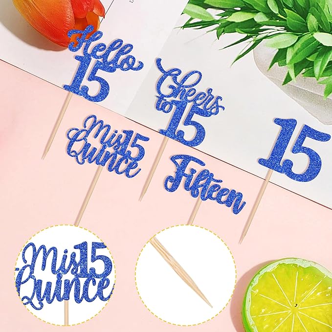 30PCS Happy 15th Birthday Cupcake Toppers Glitter Fifteen Mis Quince Hello 15 Cupcake Picks Cheers to 15 Birthday Decorations for 15th Birthday Anniversary Party Cake Decoration Supplies Blue