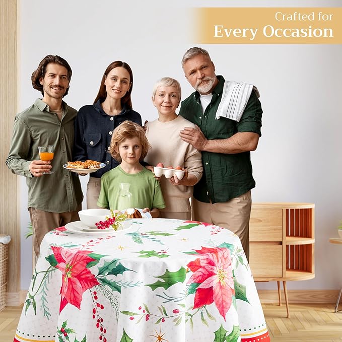 Maison d' Hermine Table Cloth Round Table 100% Cotton 63 Inches Fall Tablecloth Reusable Everyday Use for Thanksgiving Christmas Decorations Dining Farmhouse Party (Poinsettia Christmas)