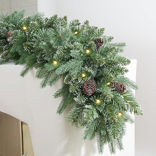 9FT Prelit Christmas Garland Decorations 50 led Snow Christmas Garland with Lights Battery Operated with Timer for Outdoor Indoor, Home Decoration Mantle Stairs Railing Fireplace Outdoor Indoor Door