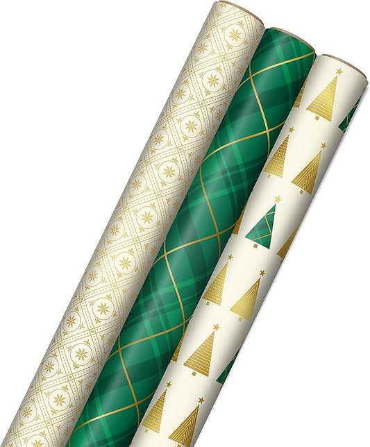 Hallmark Elegant Christmas Wrapping Paper with Cut Lines on Reverse (3 Rolls: 120 sq. ft. ttl) Gold Trees, Emerald Green Plaid, Gold Geometric Snowflakes