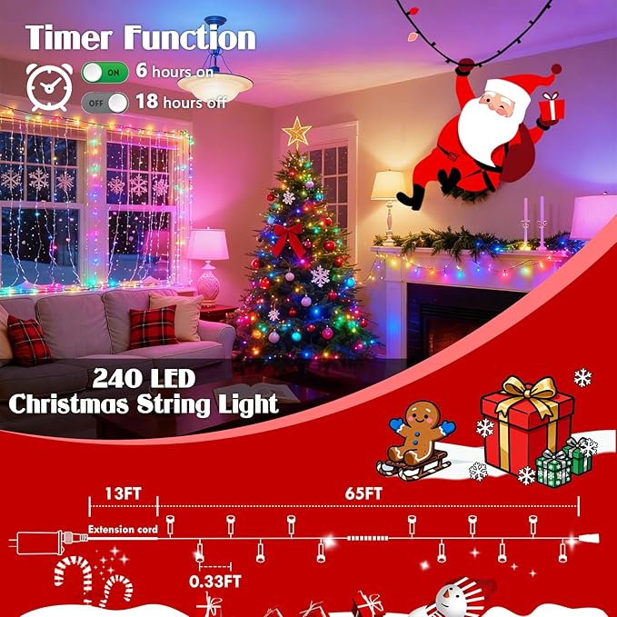 88FT 240LED Smart Color Changing Christmas String Lights Outdoor | App Control RGB LED String Lights with Remote & Timer, Waterproof Twinkle Christmas Tree Lights Indoor for Holiday Xmas Decor