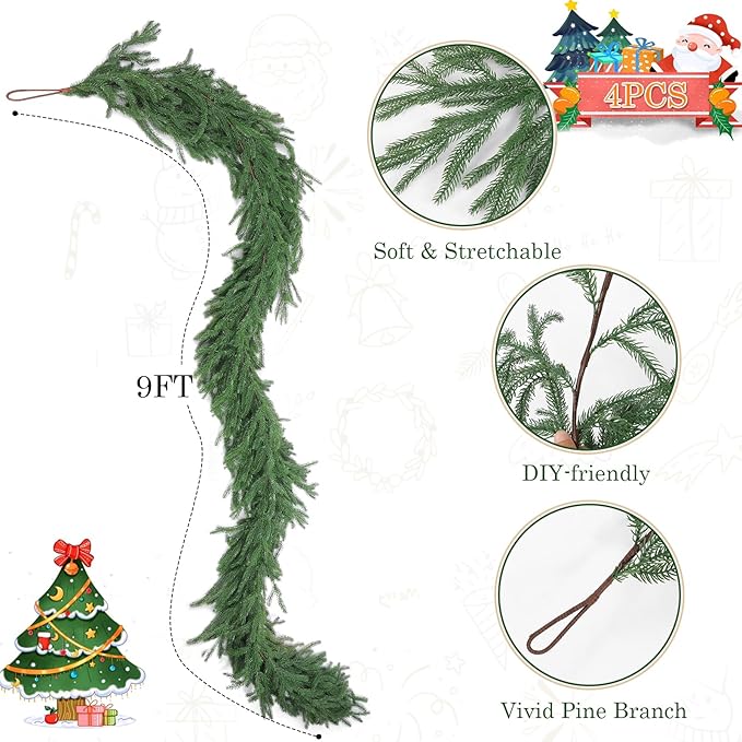 4 Pcs 9 Ft Artificial Norfolk Pine Garlands, Realistic Christmas Pine Garland Faux Winter Greenery for Holiday Table Centerpiece, Mantel, Wall, Indoor, Outdoor Christmas Decor (4, 9 Ft)