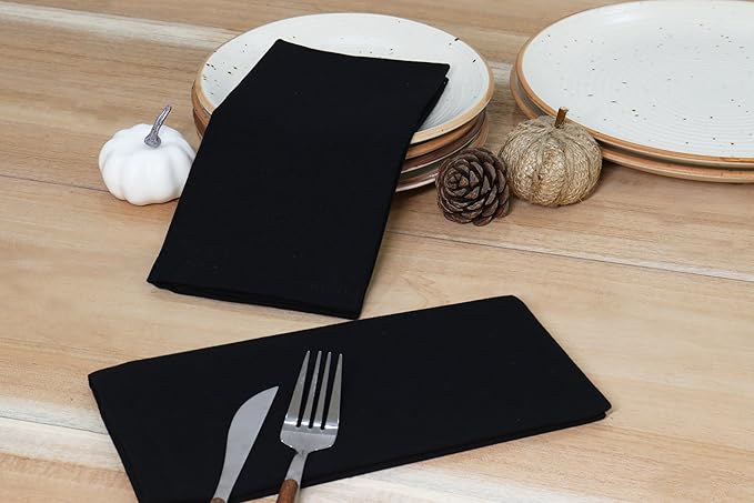 PurpleEssences Set of 12 Cloth Dinner Napkins 100% Cotton 18x18 Inch - Soft Durable Washable - Ideal for Farmhouse Party Christmas Holiday Winter - Perfect Everyday Use Table Linen - Black