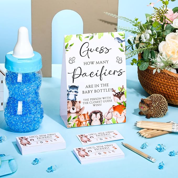 Roowest 512 Pcs Baby Shower Games Guess How Many Pacifiers Sign 100 Small Guessing Games 10 HB Pencils 750ml Milk Bottle 400 Acrylic Pacifiers Decoration for Guest Gender Reveal(Bright,Woodland)