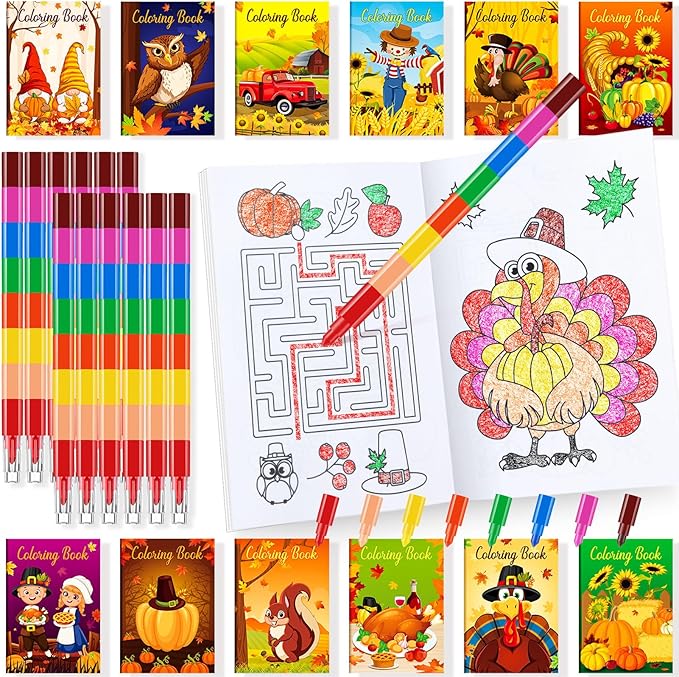 BenLouis 24 Fall Mini Coloring Books Kids with 24 Stacking Crayons Thanksgiving Theme Party Favors Activity Books Bulk for Kids Autumn Harvest Birthday Goodie Bag Gift Stuffer Classroom Reward