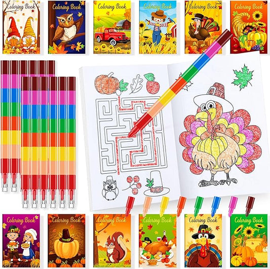 BenLouis 24 Fall Mini Coloring Books Kids with 24 Stacking Crayons Thanksgiving Theme Party Favors Activity Books Bulk for Kids Autumn Harvest Birthday Goodie Bag Gift Stuffer Classroom Reward