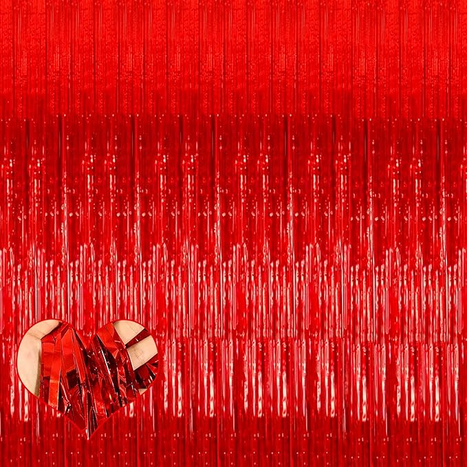 4 Pack Red Fringe Curtain Backdrop, 3.2Ft x 9.8Ft Metallic Tinsel Foil Fringe Streamers Background for Photo Booth Birthday Wedding Baby Shower Carnival Easter Mother’s Day Party Decorations
