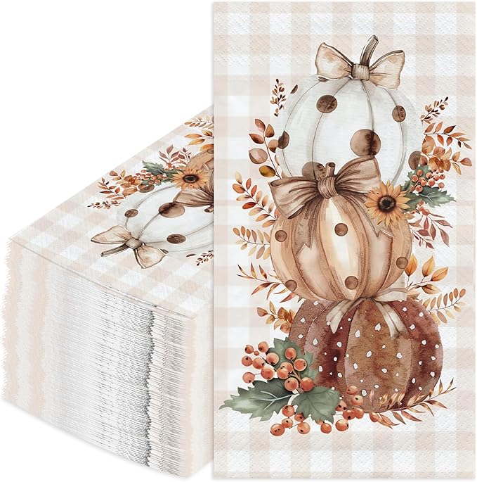 100 Pcs Thanksgiving Napkins Disposable Fall Paper Napkins for Autumn Harvest Brown Pumpkins and Buffalo Plaid Paper Hand Towels for Bathroom Kitchen Halloween Party