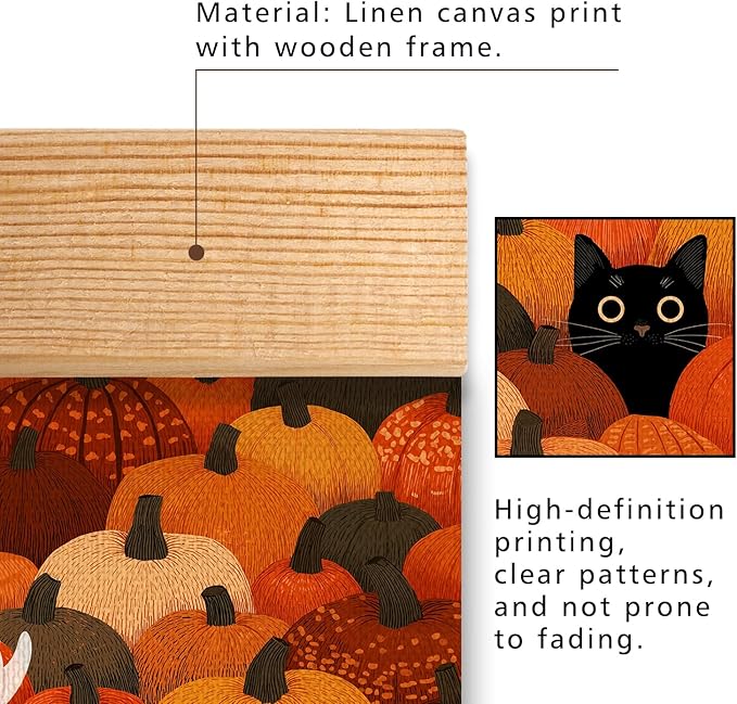 Rustic Halloween Ghost and Black Cat with Pumpkin Wall Art 18.5x14 Inch,Halloween Linen Canvas Wall Hanging Poster Decor, Retro Gothic Haunted House Theme Wall Poster for Living Room Bedroom(BLK10)