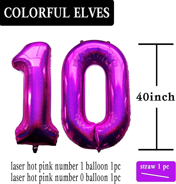 Laser Hot Pink Number 10 Balloons 40 Inch Giant Number Pink 10 Foil Mylar Balloons for 10th Birthday Anniversary Events Party Decorations