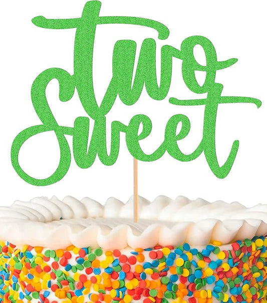 Two Sweet Cake Topper - Glitter Green 2nd Birthday Cake Decorations, Second Anniversary Cake Pick (Green)