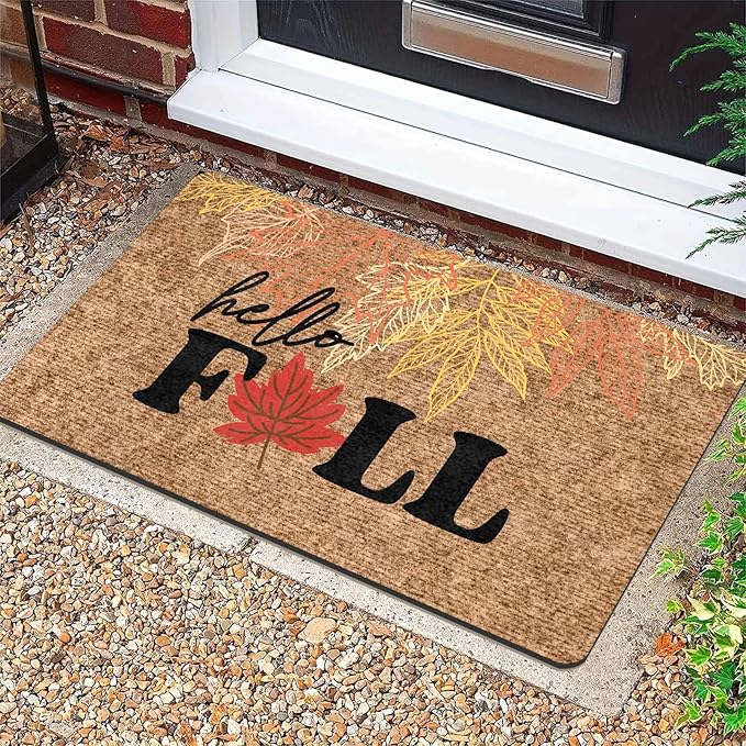 Hello Fall Door Mat, Fall Maple Leaves Welcome Mat for Indoor Outdoor Entrance Floor Mats Non Slip Vintage Doormat for Autumn Halloween Thanksgiving Farmhouse Decor