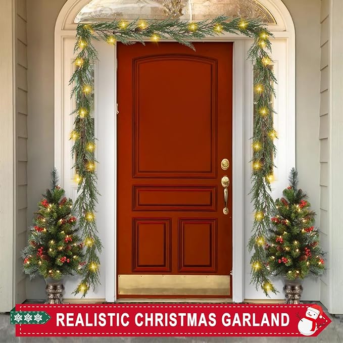 6 Ft Christmas Garland with Lights, 30 Warm Lights with 8 Modes,Prelit Christmas Garland with Pine Cones,Garland for Mantle, Ceadr Garlands Realistic,Outdoor Indoor Christmas Decorations
