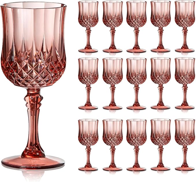 XUWAIDSGN 16 Pcs 7oz Plastic Vintage Wine Glasses Drinking Glasses Unbreakable Wedding Glassware Crystal Water Goblets Reusable Drinkware Vintage Champagne Flutes (16, Rose Gold)