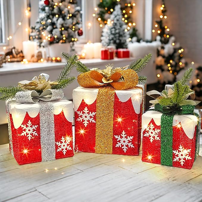 3 Pcs Christmas Lighted Gift Boxes with Bow 60 LED Battery Operated Pre-lit Present Box Decorations for Xmas Holiday Home Outdoor Yard
