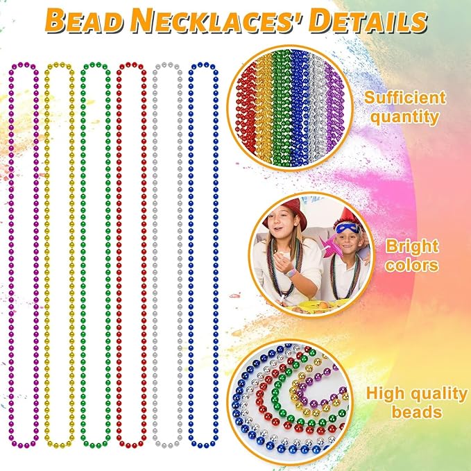 Mardi Gras Beads, 12PCS Bead Necklace Party Favors, Metallic 6 Kinds of 33" Beaded Necklaces Costumes Stuff, Festival Parade Throw Accessory Sets for Mardi Gras Celebrations Decorations