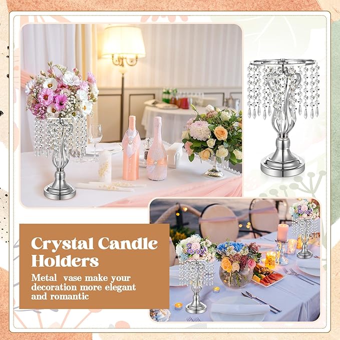 16 Pcs Wedding Centerpieces for Tables, Gold Silver Vase Centerpiece with Chandelier Crystal Metal Flower Stand, Tall Flower Vases for Wedding Party Home Decoration(Silver,12.6)
