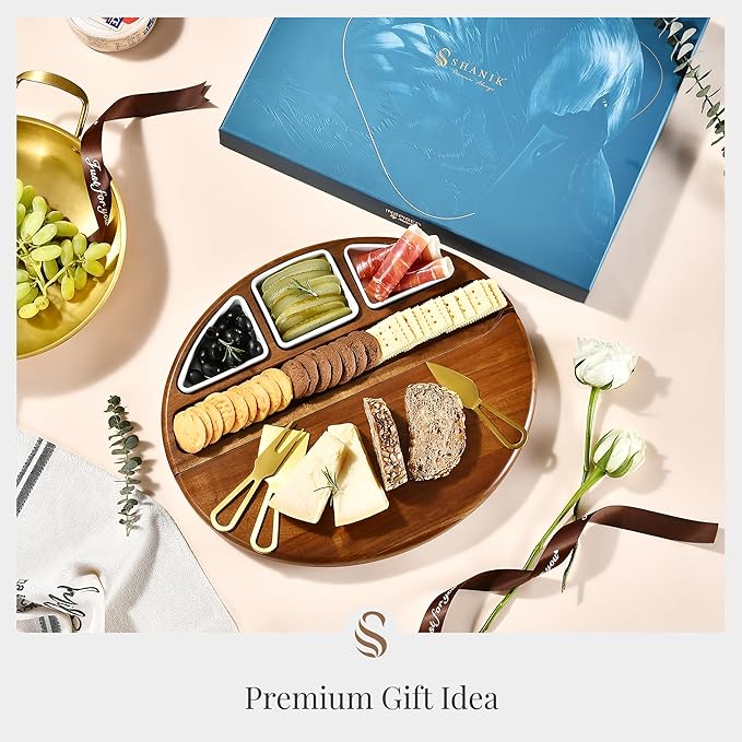 Shanik Large Acacia Wood Cheese Board – Premium Charcuterie Set with Knife Holder, Cutting Surface & Serving Tray for Parties, Weddings, Gifts