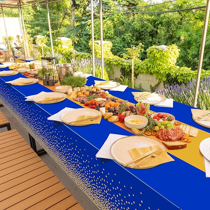 3Pcs Blue and Gold Tablecloth Party Decorations,Plastic Royal Blue Table Cloth Printed Gold Tables Runner Disposable Rectangle Table Cover for Birthday Anniversary Wedding Graduation Party,54 x108Inch