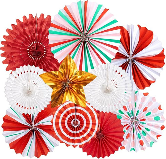 OBBOLO Christmas Paper Fans, Christmas Paper Decorations, Hanging Xmas Decorations in Gold, Red, White and Peppermint Candy Theme Honeycomb Decorations