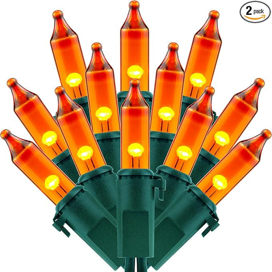 200 Orange Christmas Lights, Pack of 2 Strands 100 Count 33 ft Green Wire Incandescent-Style LED String Light (Orange)