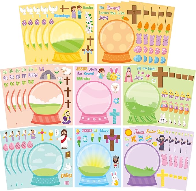 CY2SIDE Easter Face Sticker Sheets - 40PCS Make Your Own Jesus Faith Crystal Ball Craft Game for Kids Classroom Rewards DIY Religious Resurrection Bible Cross Party Favors for Sunday School Project
