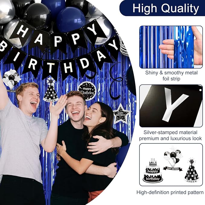 44th Birthday Decorations for Men and Women, Black Blue Silver Happy Birthday Number 44 Balloons, Banner, Fringe Curtains Garland Kit - 44 Year Old Party Supplies