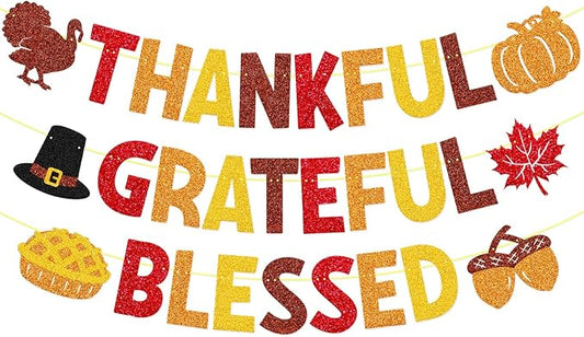Thankful Grateful Blessed Banner Thanksgiving Party Decorations Autumn Turkey Pumpkin Maple Leaves Happy Fall Friendsgiving Harvest Day Party Supplies
