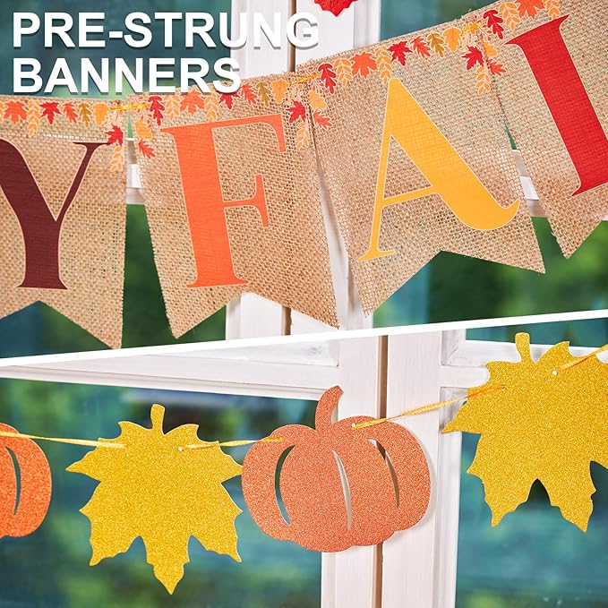 Pre-Strung Happy Fall Burlap Banner, Pumpkin Banner, and 100 Pcs Maple Leaf Confetti for Autumn Fall Thanksgiving Home Decorations