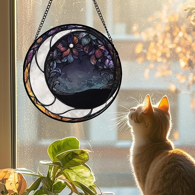 Stained Glass Window Hanging - Black and White Moon Sun Catcher for Door Terrace Garden Home Decor, Abstract Plant Flower Suncatcher Birthday Gifts for Lovers Women Men Dad Mom Nana 11.8 in