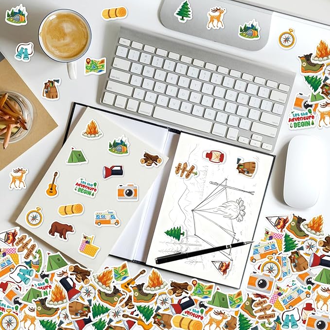 300Pcs Travel Camping Foam Stickers, Self-Adhesive Camping Stickers Outdoor Adventure Themed Sticker Decorations for DIY Arts Crafts Scrapbooks Party Favors School Activity Reward