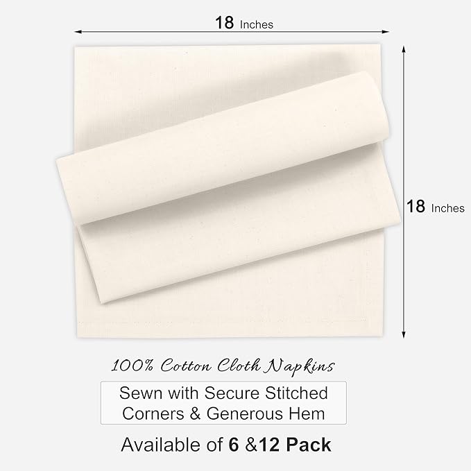 Ruvanti Premium Cloth Napkins Set of 12, 18x18 Inches, 100% Cotton, Washable, Soft & Absorbent, Perfect for Wedding, Christmas, ‎Thanksgiving Dinners - Natural Color