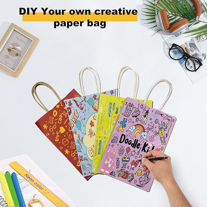 BAG BOX 100 Pack 5.9x3.1x8.25 Inch Purple Gift Bags with Handles,Bulk Kraft Paper Bags for Shopping, Retail, Merchandise, Wedding, Party Favors, Paper Grocery Sacks