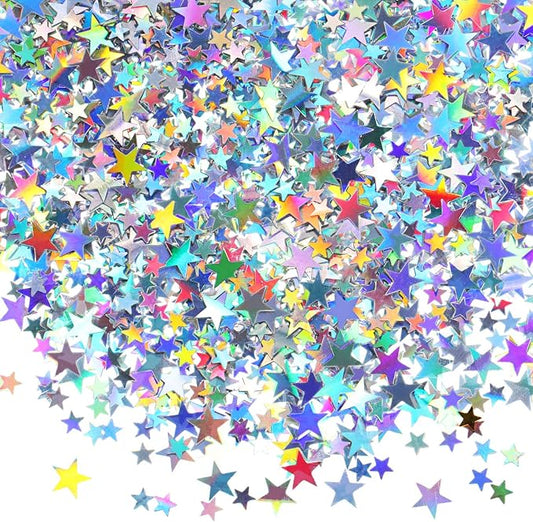 Hestya 60g Star Confetti Glitter Table Confetti Metallic Foil Stars for Christmas Party Wedding Festival Decorations(Holographic Silver,10mm and 6mm)