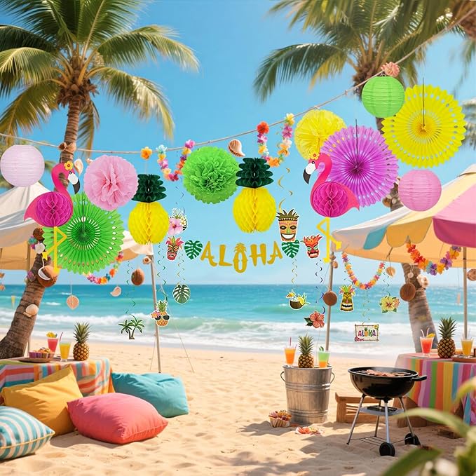 24 Pcs flamingo party decorations, Hawaiian Aloha Party Decorations, Luau Party Decorations, Flamingo Birthday Decorations Include Aloha Banner Flower Palm Flamingo Foil Ceiling For Summer Decorations