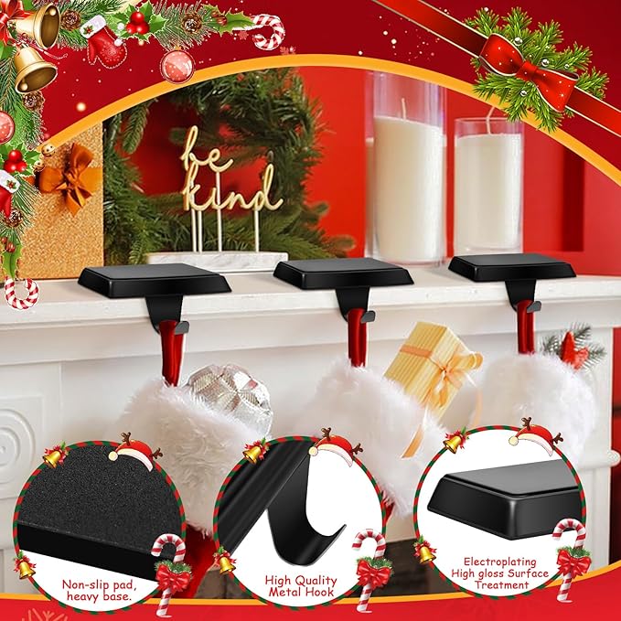 6 Pack Metal Christmas Stocking Holders for Mantle Heavy Duty Stocking Hangers Stocking Hook Christmas Ornaments for Counter Tables Window Fireplace Mantle Decoration (Black)