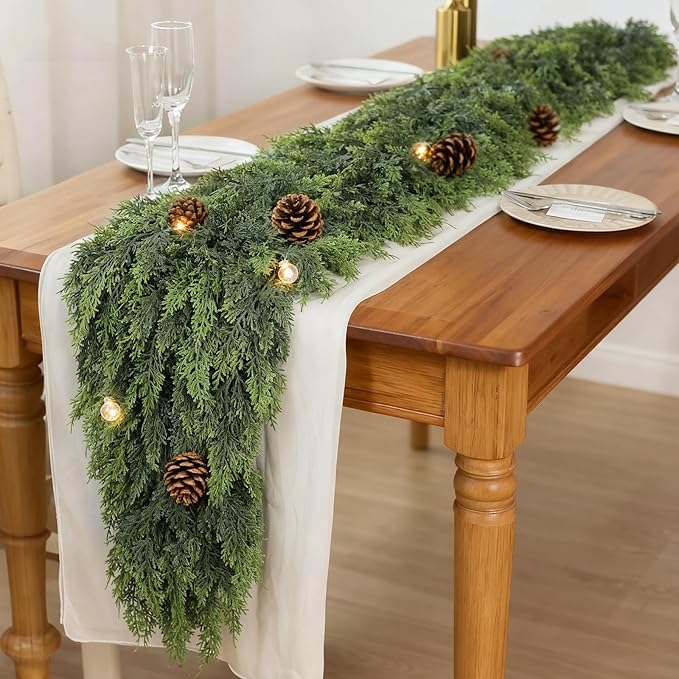16FT Real Touch Cedar Garland for Fireplace - Artificial Christmas Garlands Realistic Faux Greenery Fake Pine Needles Garland for Holiday,Table, Window,Mantel,Stairs, Home,Indoor Outdoor Decor (1PCS)