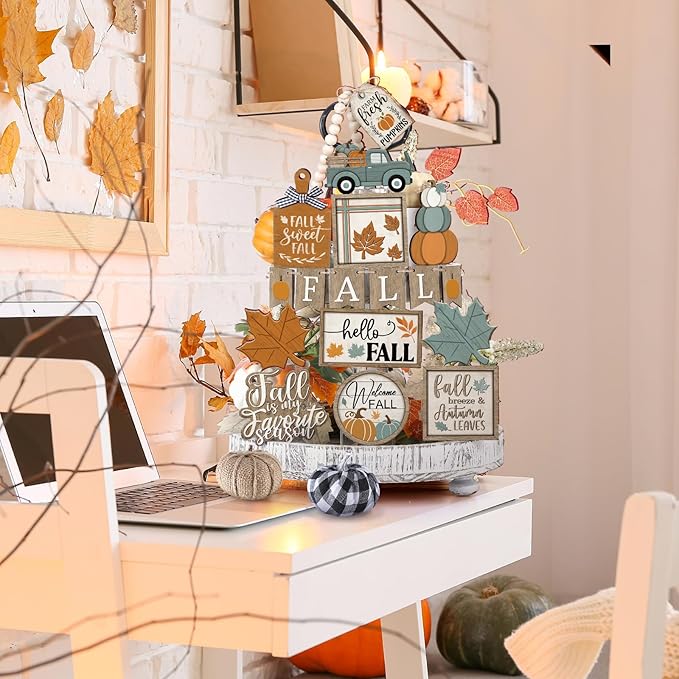 21 Pcs Thanksgiving Fall Tiered Tray Decoration Set Autumn Table Sign Pumpkins Farmhouse Decor Gnome Maple Leaves Centerpieces Harvest Wood Blocks Signs Fall Block Tabletop for Autumn