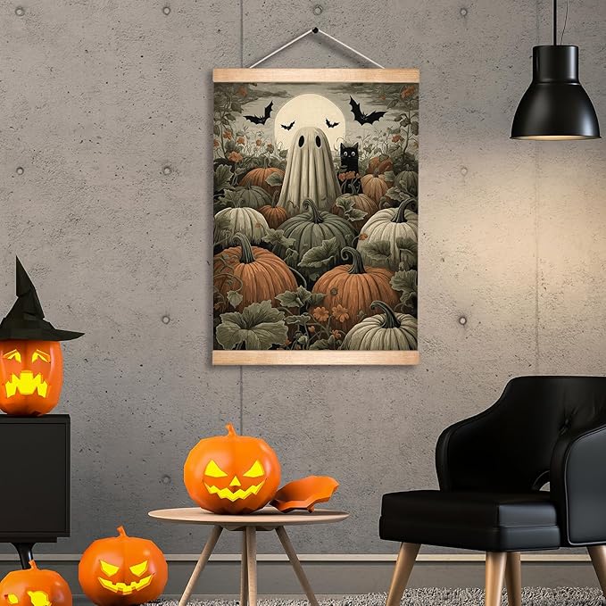 Halloween Ghost and Black Cat Pumpkin Field Wall Art, 18.5x14 Inch Gothic Halloween Linen Canvas Print, Vintage Spooky Fall Decor, Retro Witch Gothic Wall Hanging Poster for Living Room Kitchen (BLK11)