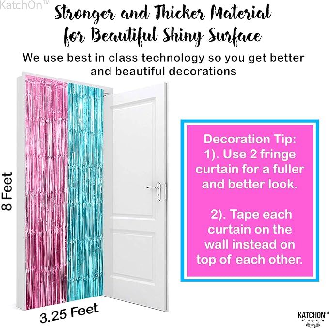 KatchOn, Large Pink and Blue Foil Fringe - 6.4x8 Feet, Pack of 2 | Girl or Boy Gender Reveal Decorations | Pink and Blue Fringe, Boy or Girl Backdrop | Gender Reveal Backdrop for Gender Reveal D√©cor