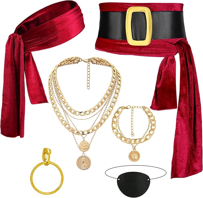 CICOCI Men Pirate Costume Accessories Set for Women: Pirate Hat, Head Scarf, Sash, Belt, Dress Accessories