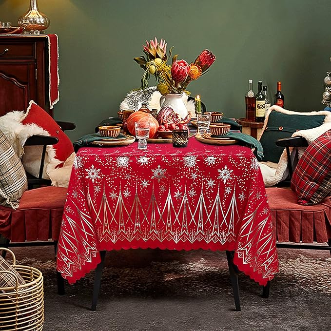 LUSHVIDA Christmas Rectangle Table Cloth – Washable Water Resistance Holiday Microfiber Tablecloth Decorative Table Cover for Banquet Party Kitchen Dining Room, 60 x 120 Inch