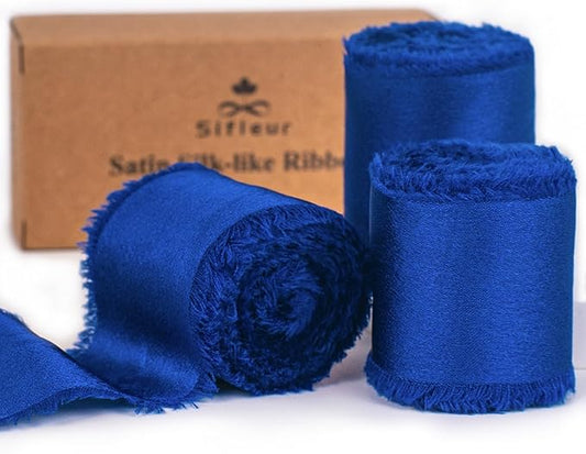 Satin Silk Ribbon, Royal Blue Ribbon for Wrapping, 1-1/2 inch x 15 Yd Handmade Frayed Fringe Ribbons, for Wedding Engagement Graduation Showers Crafts Bouquets Invitation Decor, 3 Rolls